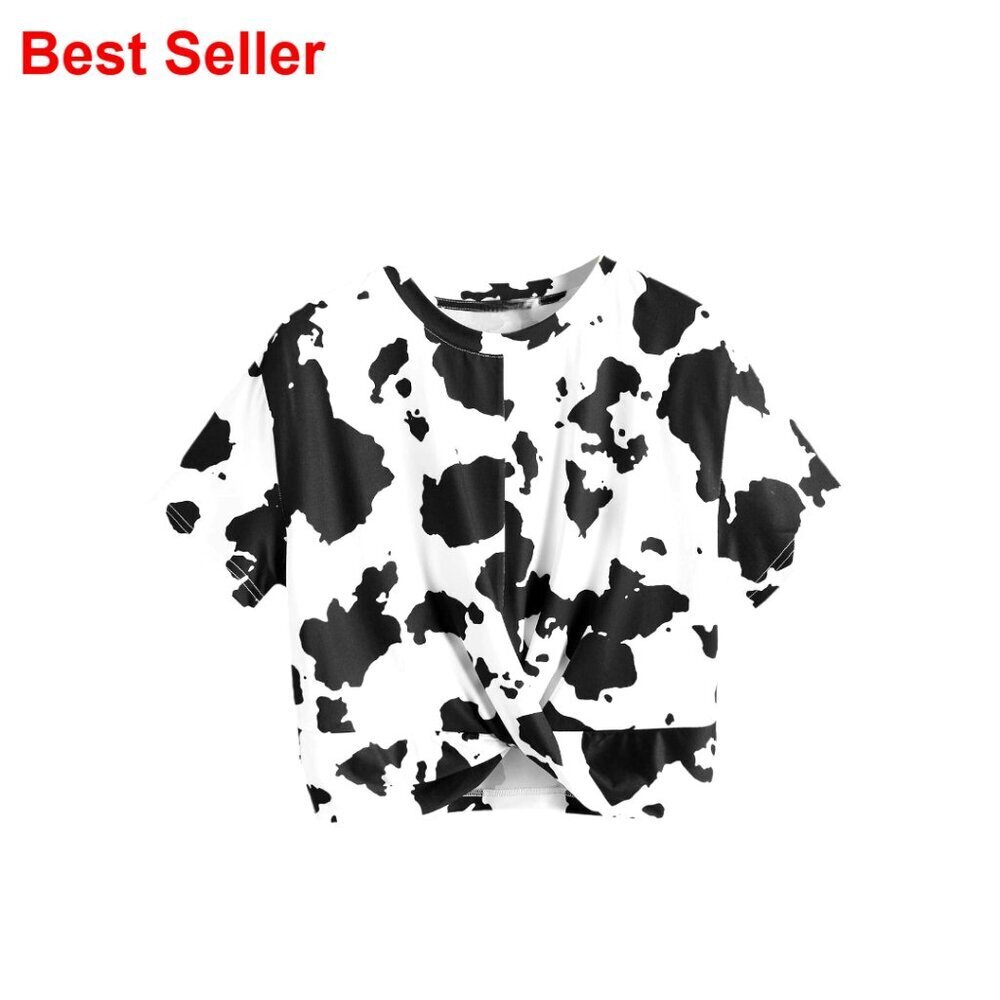 Cow Print Crop Tank Top Twist Front Short Sleeve Stretch Polyester